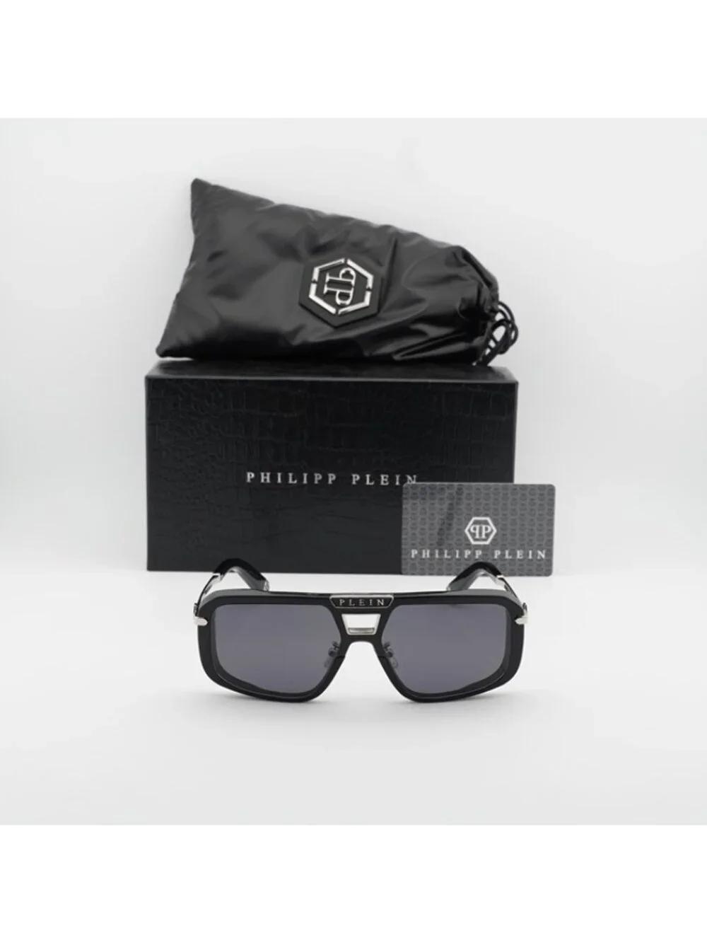 Philipp Plein SPP008M 0700 Sunglasses Shiny Black Aviator Frame, Grey Lenses - Picture 10 of 10